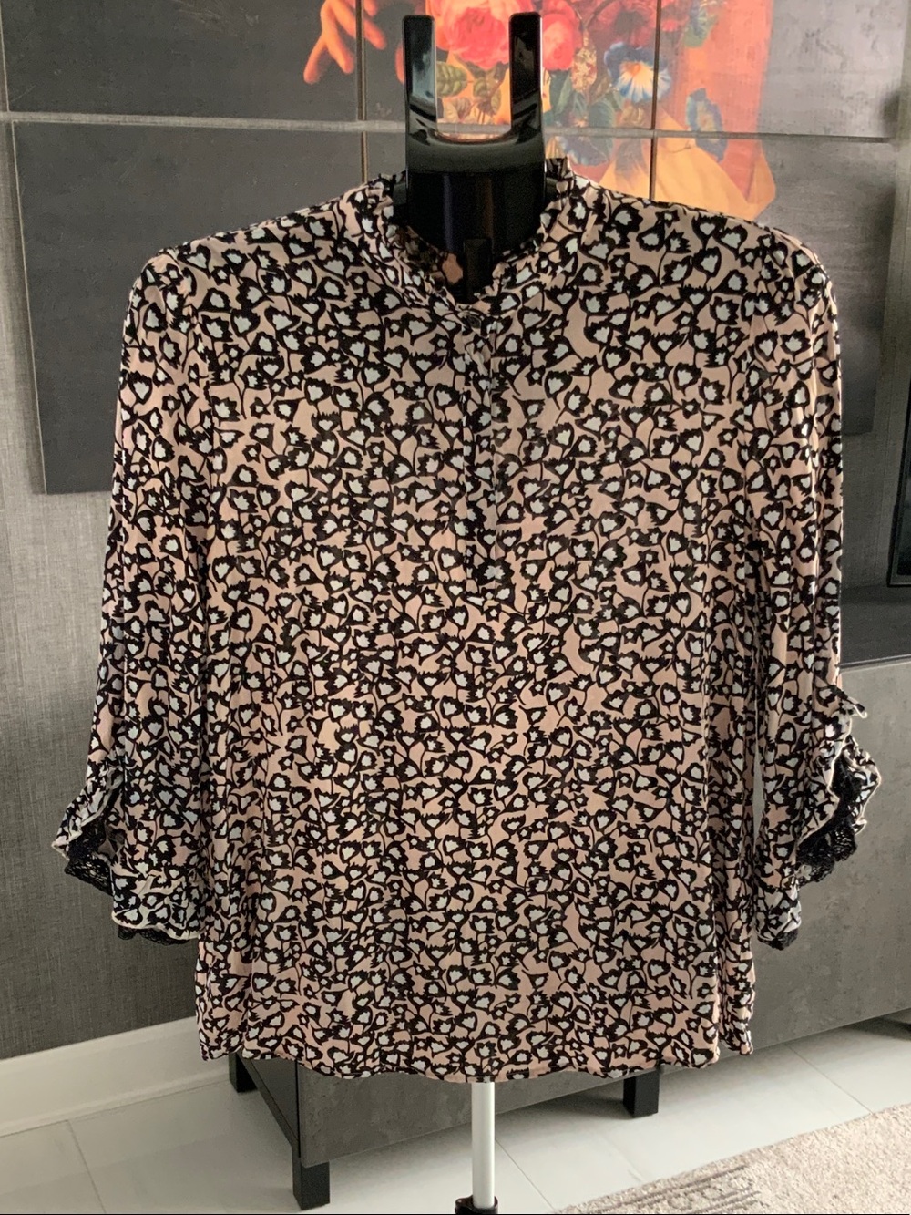 Marc Cain Beige Floral Buttoned Neck Blouse N4 US8